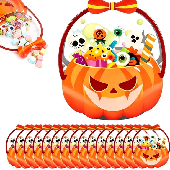15Pcs Halloween Treat Bags with Handles,Cute Spooky Resealable Candy Bags – Plastic Goodie Bags for Trick or Treat, Party Favors & Candy Storage