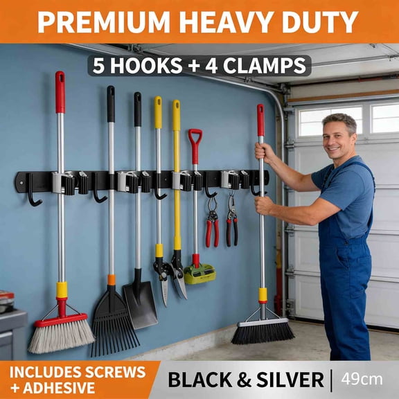 Milemduomar Garage & Wall Organizer, Heavy Duty Broom Holder with 4 Racks & 5 Hooks, Anti-Slip Stainless Steel Mount for Kitchen Laundry, Holds 30lb