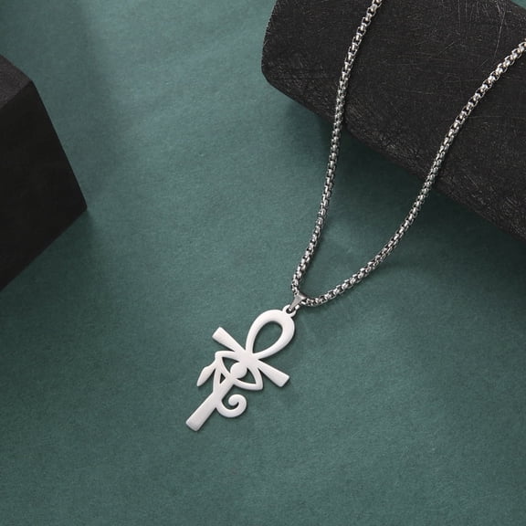 Egyptian 304 Stainless Steel Eye of Ra Ankh Cross Pendant box Chain Necklaces Non-Tarnish Stainless Steel color 23.62 inch(60cm)