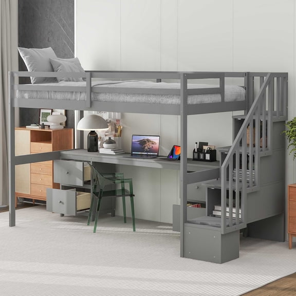 MODERNLUXE Twin Size Loft Bed with Desk Drawers and Storage Shelves, Gray