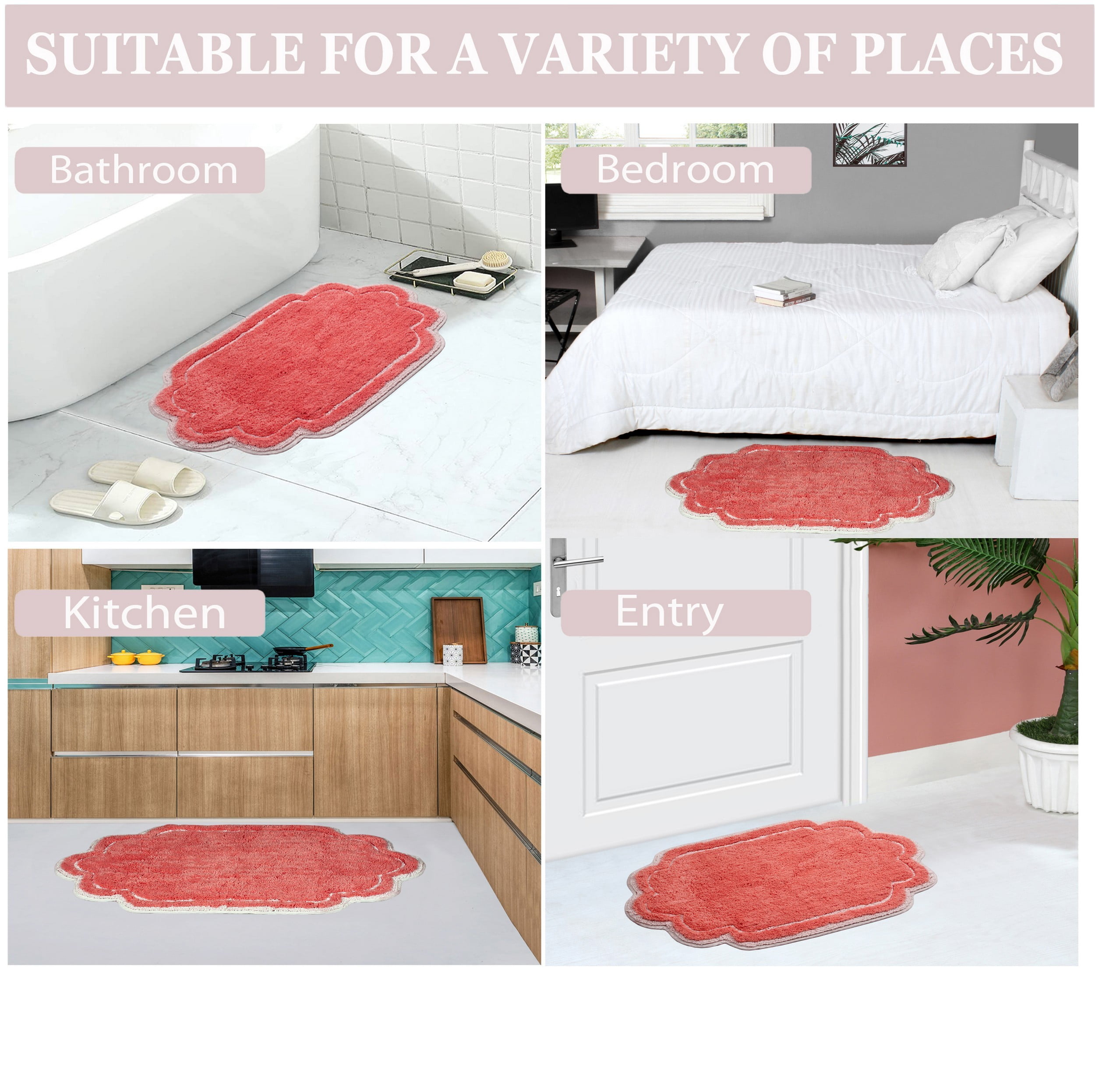 Home Weavers Allure Collection 100% Cotton Non-Slip Bathroom Rug Set Machine Washable Bathroom Rug, Bath Rug, U Shaped Contour, Runner, Coral Color 4 Piece Bath Rug set