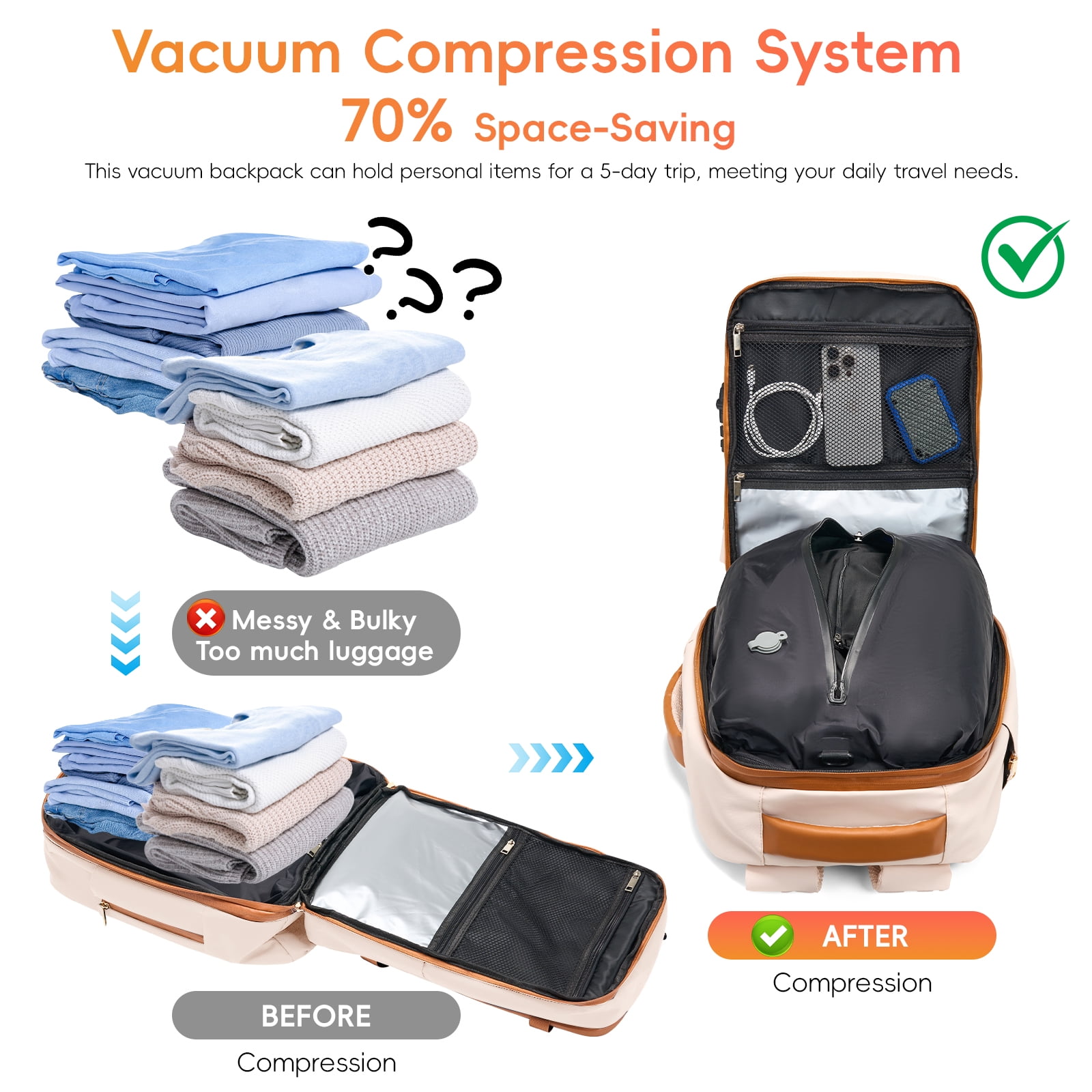 Fegat Rolling Vacuum Travel Backpack, 70L Expandable Compression Bag with Vacuum Pump,TSA Lock,Waterproof Carry on Luggage Vacuum Seal Backpacks Flight Approved for Travel Business Casual