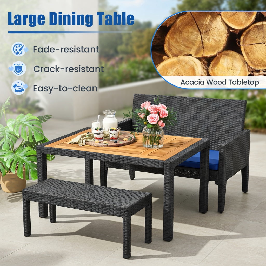 Hommoo 4-Piece Outdoor Dining Set, Acacia Wood Table, PE Rattan Loveseat & 2 Matching Ottomans for Patio, Backyard, Poolside, Navy