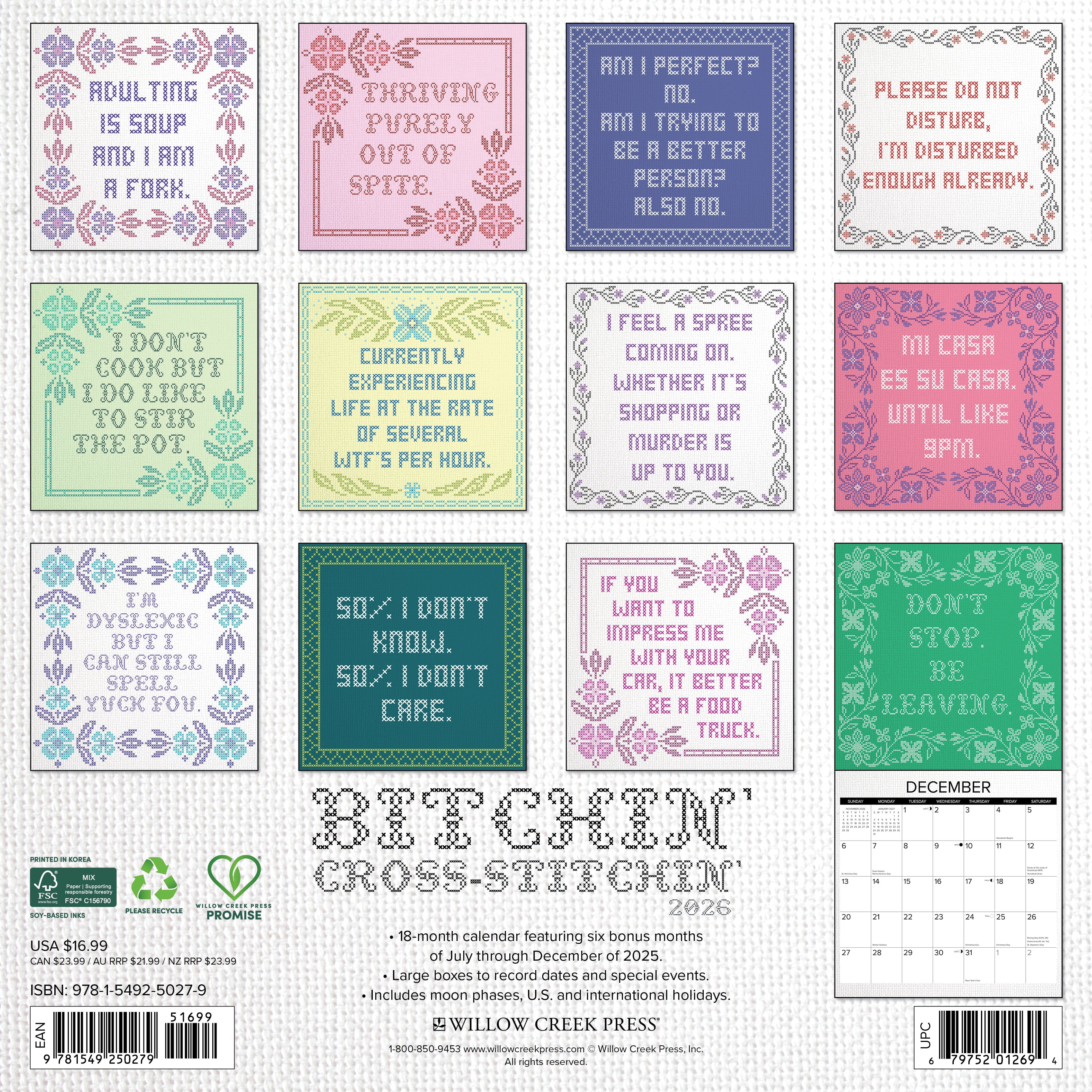 Bitchin' Cross-Stitchin' 2026 12 X 12 Wall Calendar, (Hardcover)