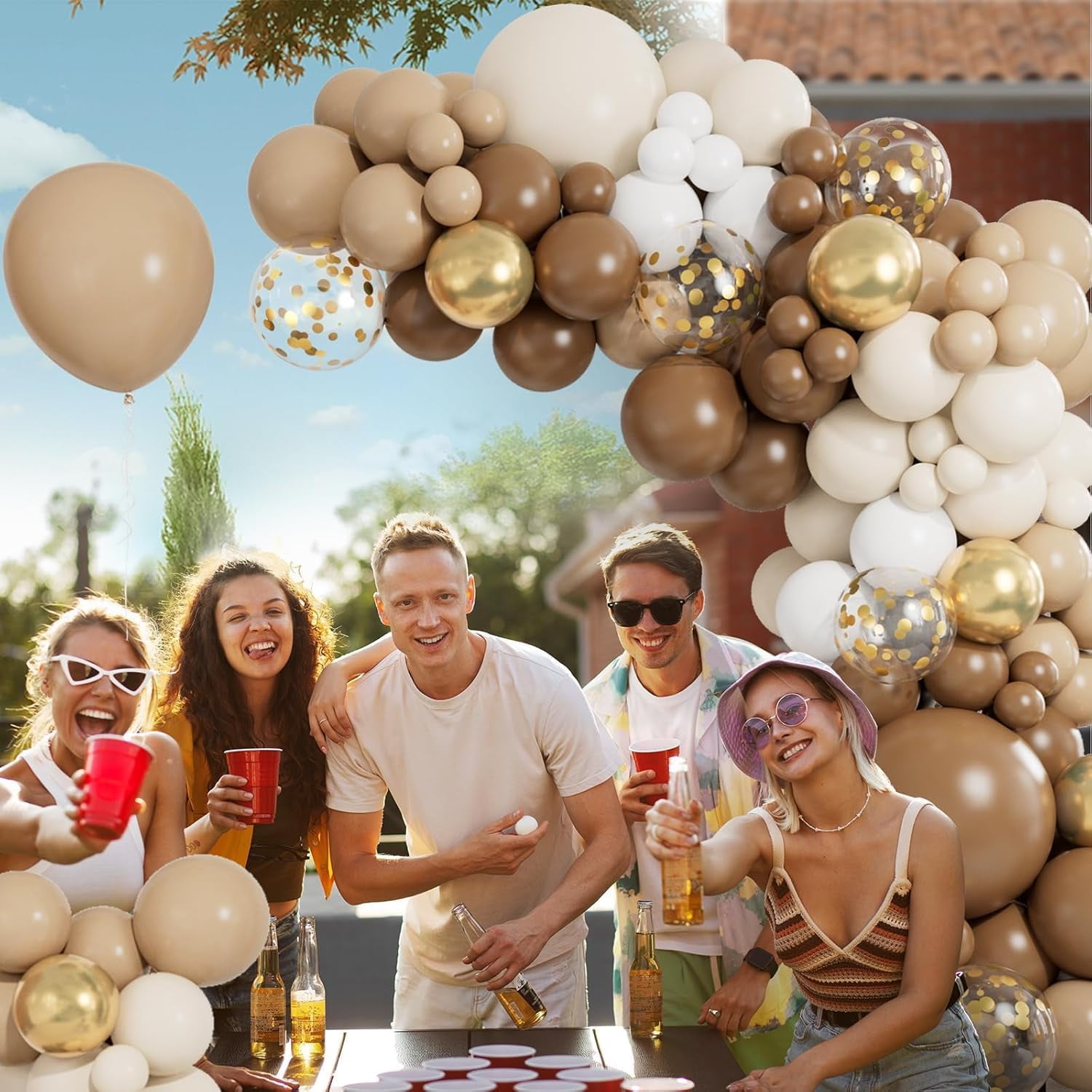 NestE - Brown Balloon Garland Arch Kit 141PCS Brown Boho Neutral White Gold Latex Metallic Confetti Balloons for Safari Neutral Bear Baby Shower Birthday Party Decorations