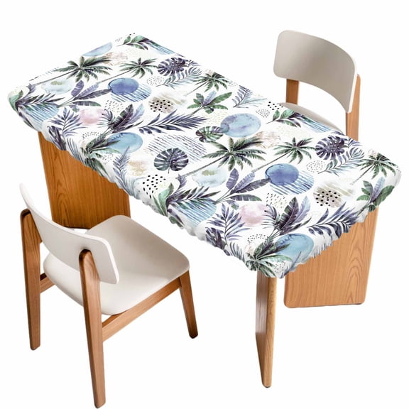 Boho Palm Tree Fitted Rectangle Tablecloth 30" x 60" Vintage Beach Exotic Blue Yellow Red Abstract Circle Elastic Table Cloth Fits for 5 Foot Folding Tables Waterproof Table Cover for Picnic Camping