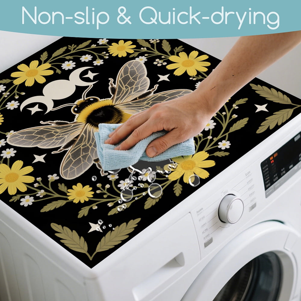 Bees Flowers Laundry Room Washer Dryer Dust Cover Mat 23.6x23.6inch Moons Phases Washing Machine Top Protector Pads Wreath