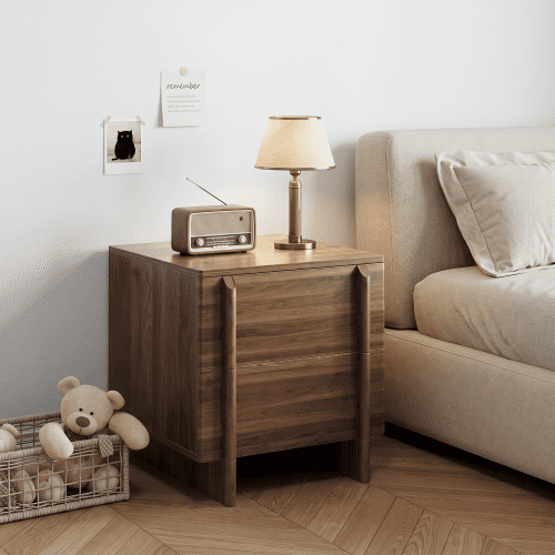 DRNANLIT Minimalist Walnut Nightstand, Modern Bedside Storage Cabinet with Two Drawers, Rounded Corners and Wooden Legs for Bedroom