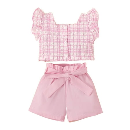 

Little Girls Party Dailywear Sets Plaid Patchwork Printed Sleeveless Spring Summer Cotton Vest Shorts Outfits Clothes Dailywears Comfortable Loose Fittness Sets