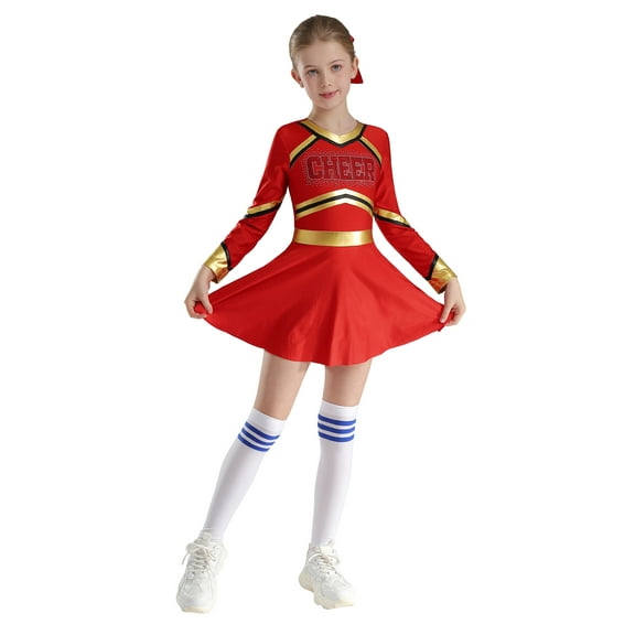 Kaerm Girls Sparkle Long Sleeve Cheerleading Dance Dresses Halloween Fancy Party Dress Up Red 12