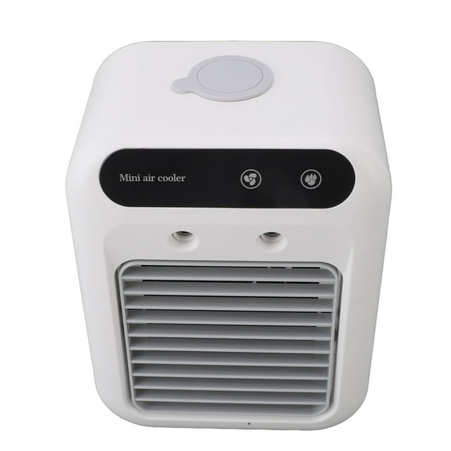 Portable air conditioner by Estink, featuring a compact design with a white ABS body and a front-facing vent. The unit includes a 500ml water tank and a control panel with fan and cooling icons. Ideal for efficient cooling in small spaces like rooms or for camping. Dimensions are approximately 164x114x214mm, and it includes a 1200mAh lithium battery for portability. Comes with a charging cable and instruction manual.