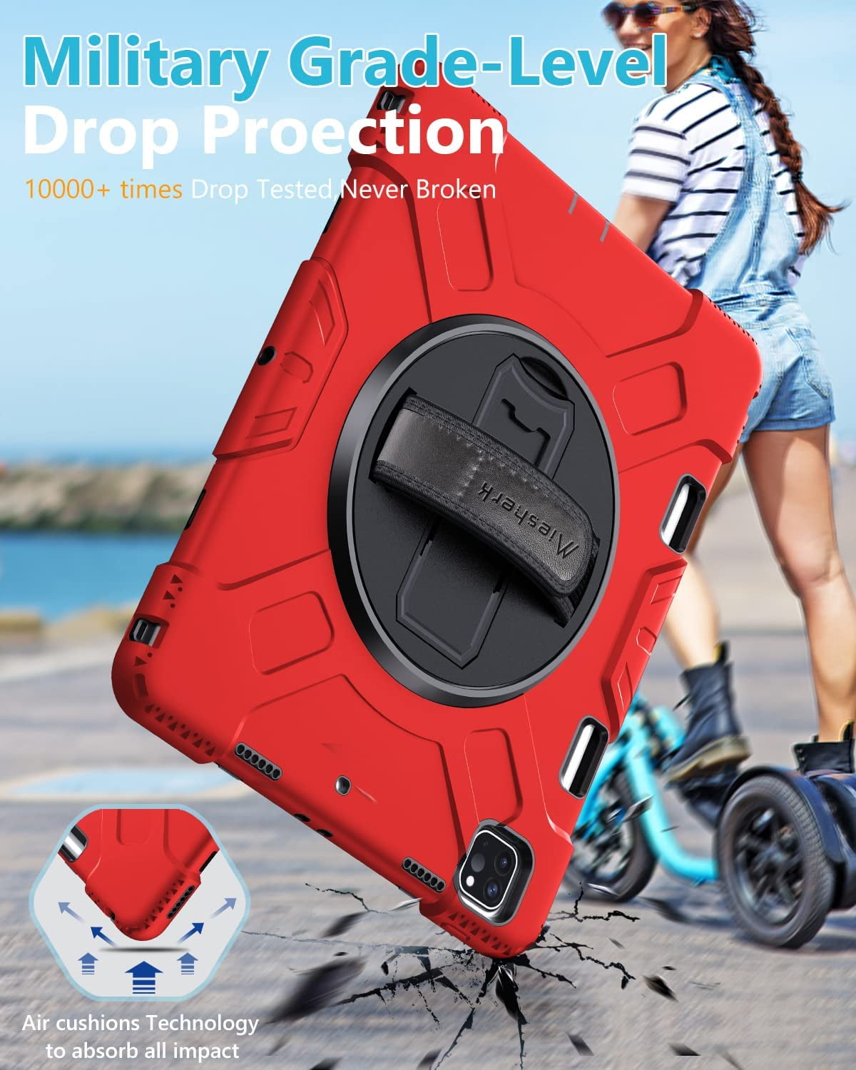 Case for iPad Pro 12.9 2021 5th Generation: Military Grade Heavy Duty Shockproof Silicone Protective Cover for iPad 12.9 Inch 2020 & 2018 w/ Pencil Holder - Stand - Handle - Shoulder Strap- Red