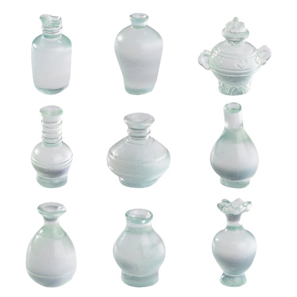 9 botellas de porcelana de simulación antigua con micropaisajes, decoración para casa de muñecas, minibotellas con flores, modelos antiguos de botellas, estilo mixto