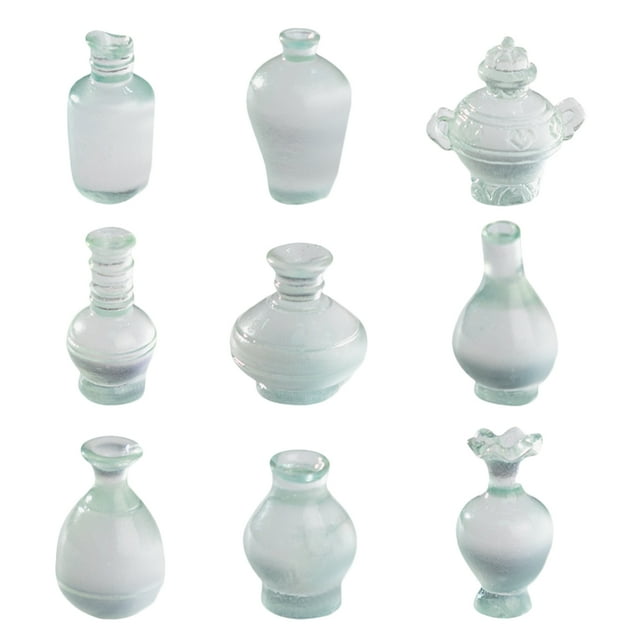 9 botellas de porcelana de simulación antigua con micropaisajes, decoración para casa de muñecas, minibotellas con flores, modelos antiguos de botellas, estilo mixto