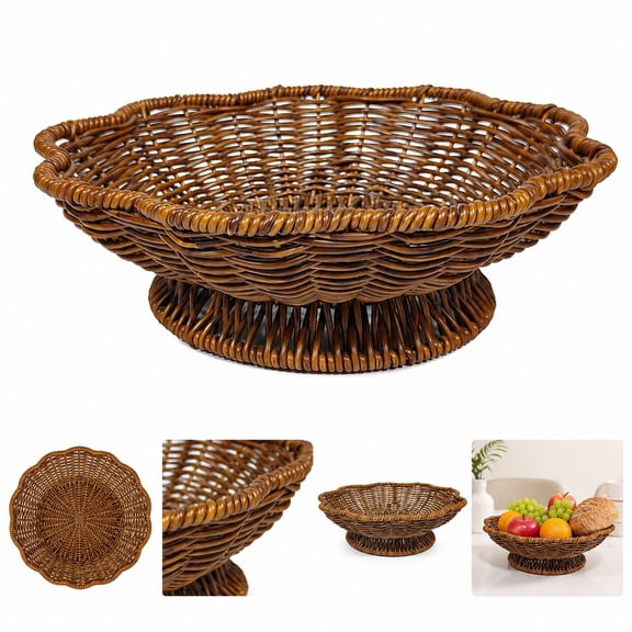 Small Hand Woven Wicker Basket, 24cm Decorative Fruit Basket with Elevated Pedestal Base, Shallow Round Serving Basket for Bread, Fruit, Snacks, Kitchen Counter, Dining Table and Home Decor