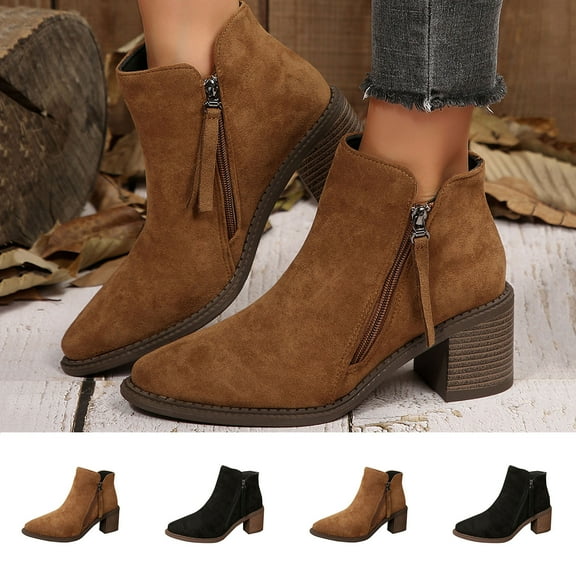 Womens Boots Women's Fashion Casual Winter Ankle Boots Solid Color Pointy Side Zipper Chunky Heel High Heel Ankle Boots