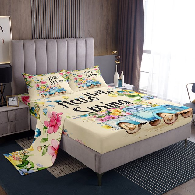 Erosebridal Colorful Flower Sheet Set King, Farm Truck Bedding Sets King Size, Spring Room Decor, 4 Pieces