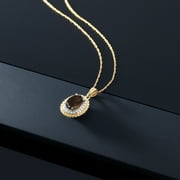 Gem Stone King 14K Yellow Gold Pendant 1.35 Ct Oval Brown Smoky Quartz White Diamond