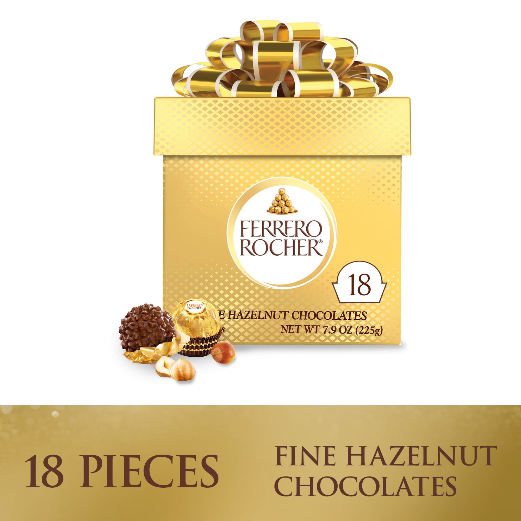 Ferrero Rocher Gourmet Hazelnut Milk Chocolate Gift Box, 18 Individually Wrapped Chocolates, 7.9 oz