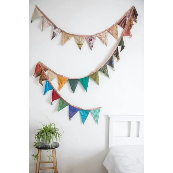 Recycled Sari Silk Bunting Flags Handmade Garden Decorative Garlands Home Décor