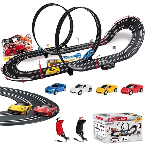 Yiwsnust Slot Car Race Track Sets, Electric Race Car Track with 4 High-Speed Slot Cars, 2 Electric Controller Circular Overpass Track, Gift for Kids Ages 6 7 8-12