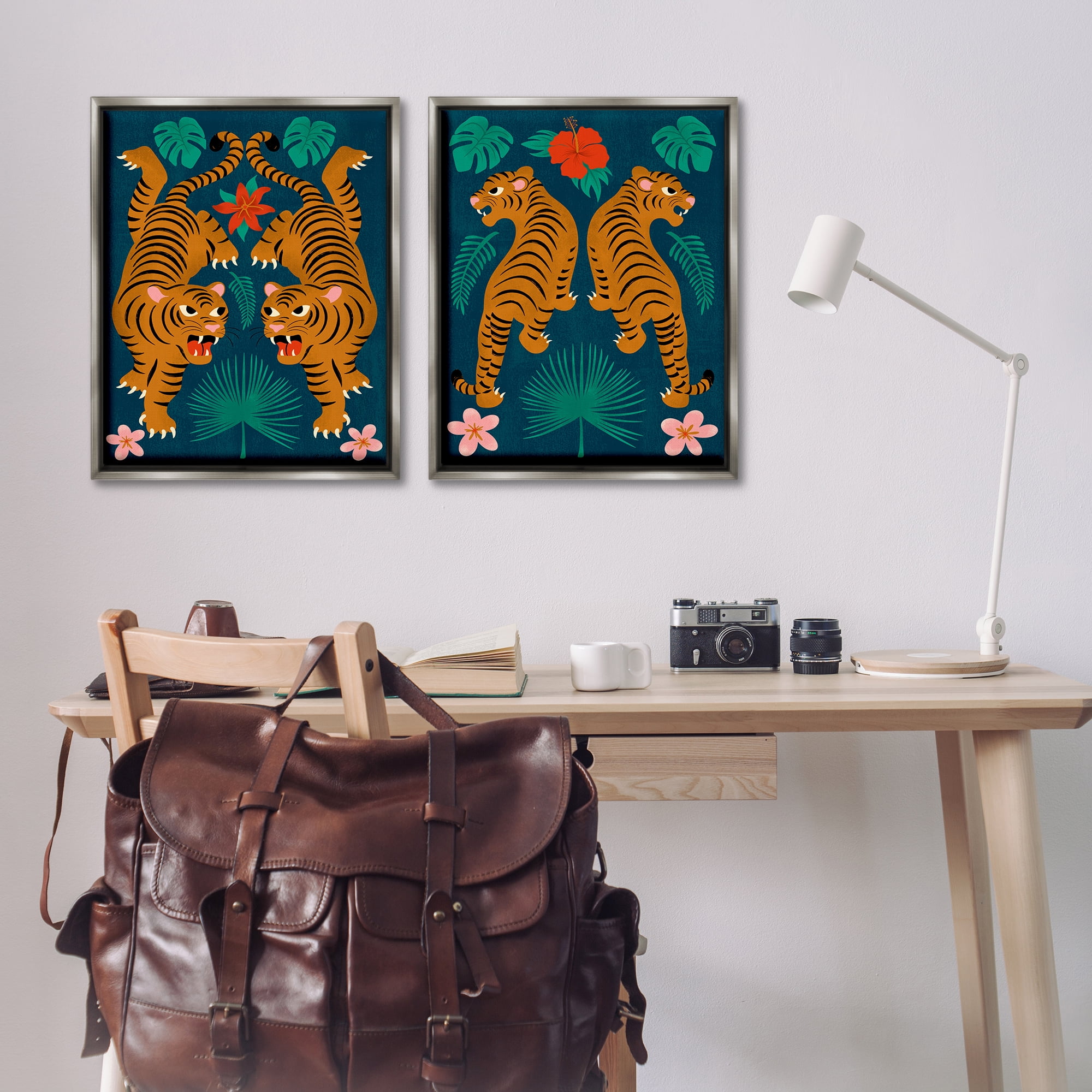 Stupell Industries Twin Jungle Tigers Animals Painting Gray Floater Framed Canvas Art Print Wall Art, 31 x 25, Set of 2