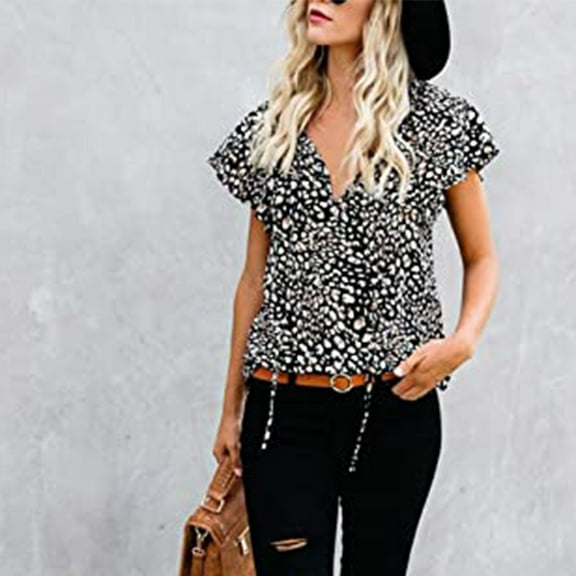 Aayomet Plus Size Tops For Women Womens Summer Tops Ruffle Short Sleeve V Neck T-Shirts Casual Loose Fit,Black XXL