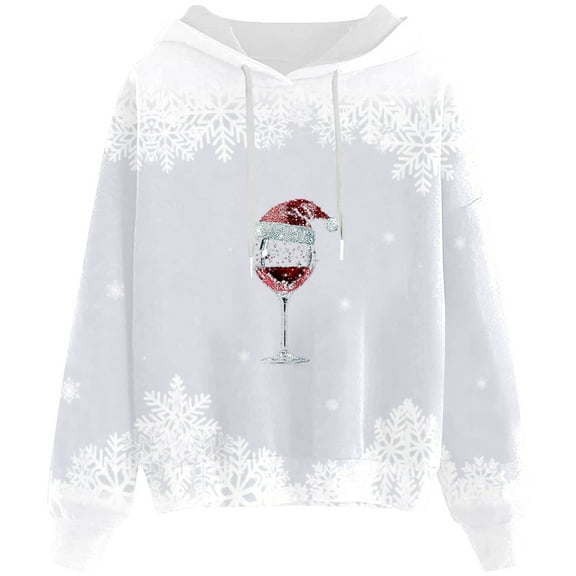 Fiaer Christmas Hoodies for Women Glass Snowflake Plus Size Holiday Hooded Sweatshirts Drawstring Long Sleeve Drawstring Xmas Tops White XL