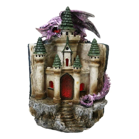 Purple Dragon Guarding LED Medieval Castle On Rocks With Book of Spells Figurine
