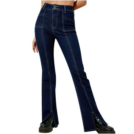 Women's Split Front High Waist Elegant Flare Bell Bottom Jeans