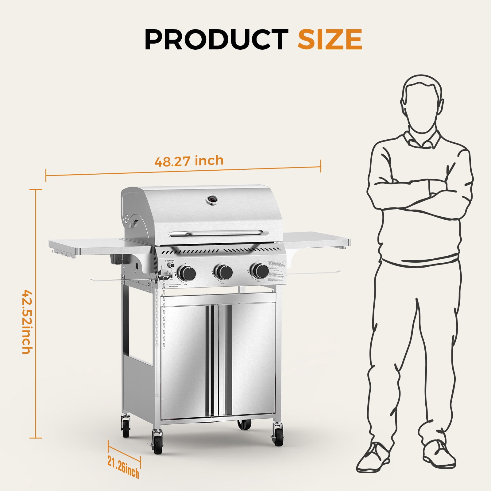 KNDKO 3-Burner Propane Gas Grill, 24,000 BTU Stainless Steel BBQ Grill with Foldable Shelf for Outdoor Barbecue and Cooking