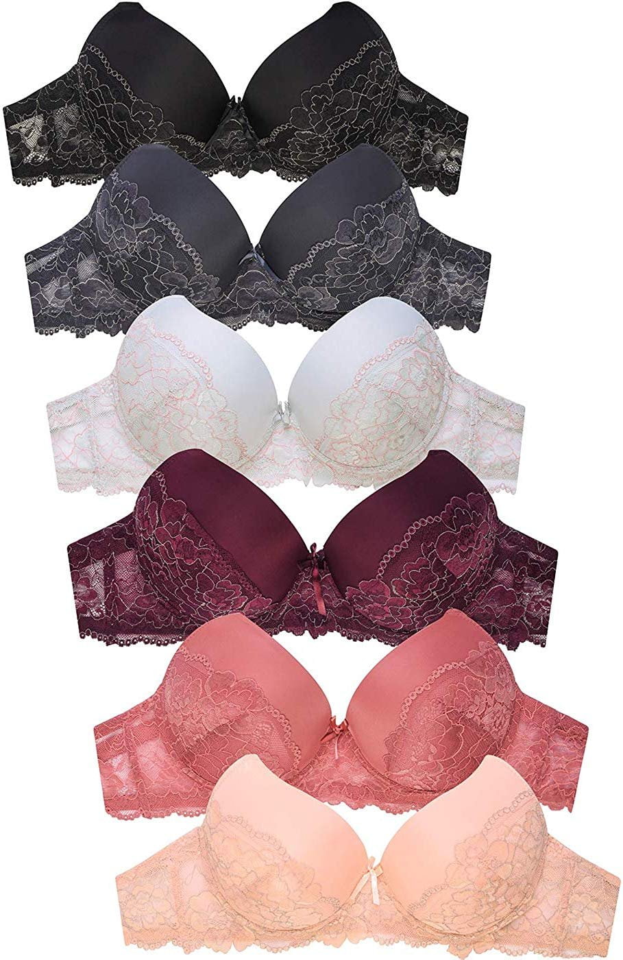 DailyWear Womens 6 Pack of Everyday Plain, Lace, D, DD, DDD Cup Bra