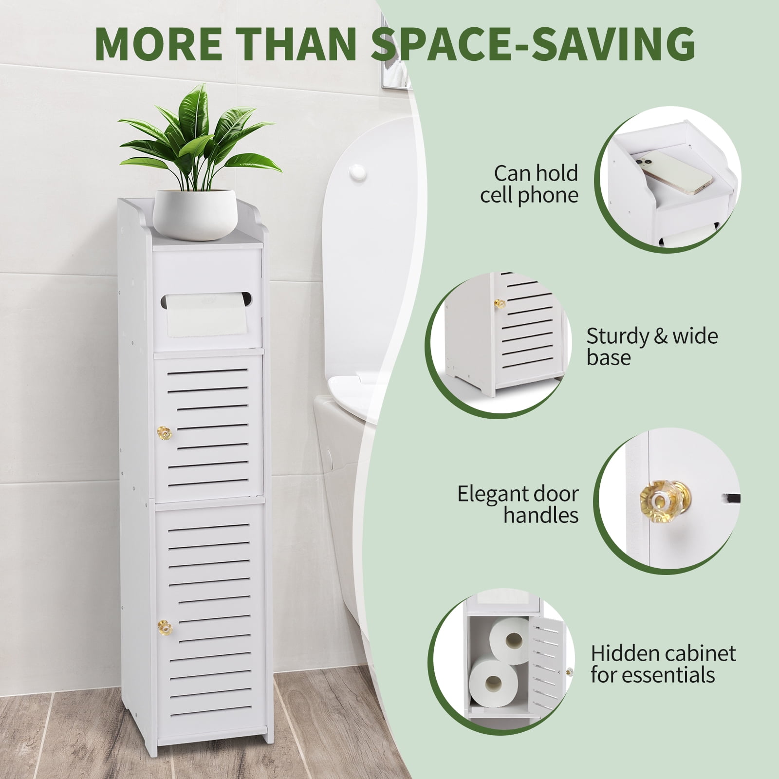 PHANCIR Toilet Paper Holder with Roll Holder, Bathroom Storage Cabinet Beside Toilet for Small Spaces, Store Mega Rolls, White