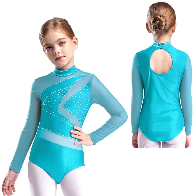Jowowha Justaucorps de Danse Ballet à Manches Longues avec Strass pour Filles, Bleu Vert 16
