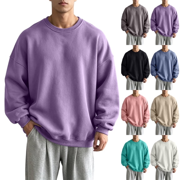 Oversized Sweatshirt for Men Trendy Crew Neck Loose Pullovers Solid Color Base Layers Fleece-Lined Sweatshirt for Any Occasion