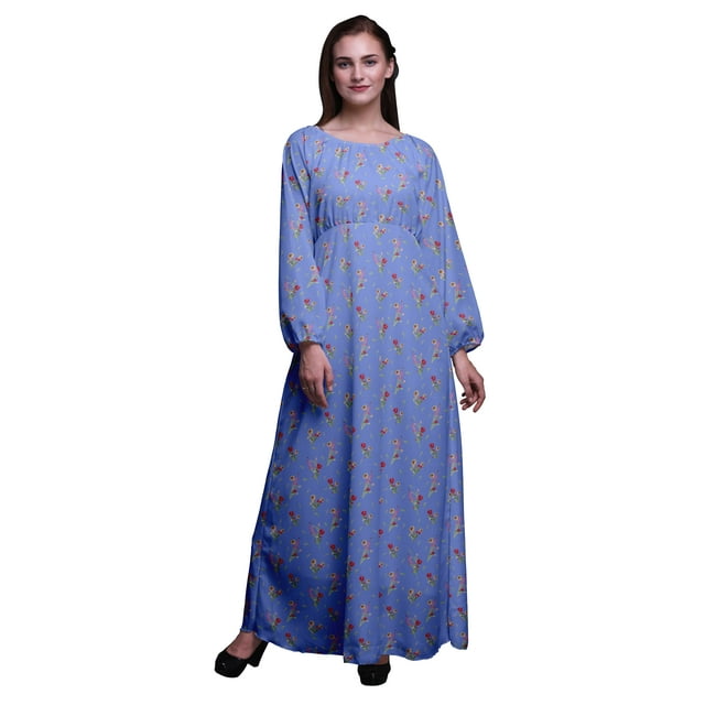 Bimba Robe Maxi à Manches Longues pour Femmes en Georgette Mousse Imprimée de Trèfles et de Fleurs, Taille Élastique - XX-Grand