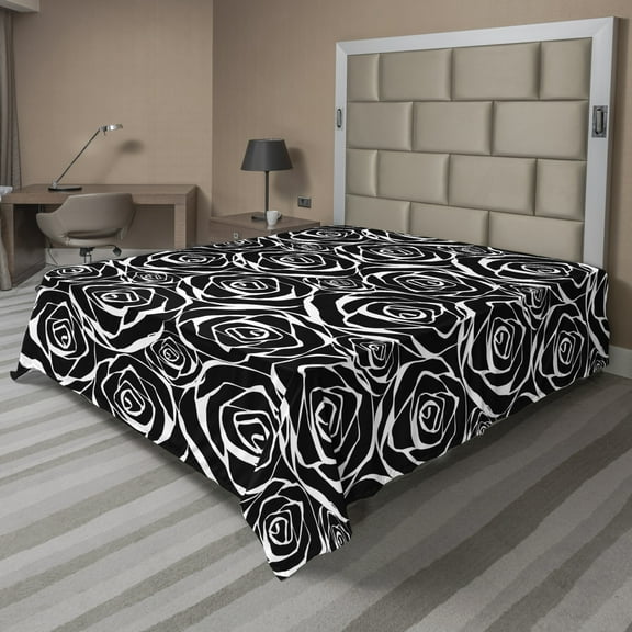 Ambesonne Floral Flat Sheet, Abstract Art Rose Flowers, Queen Size, Charcoal Grey and White