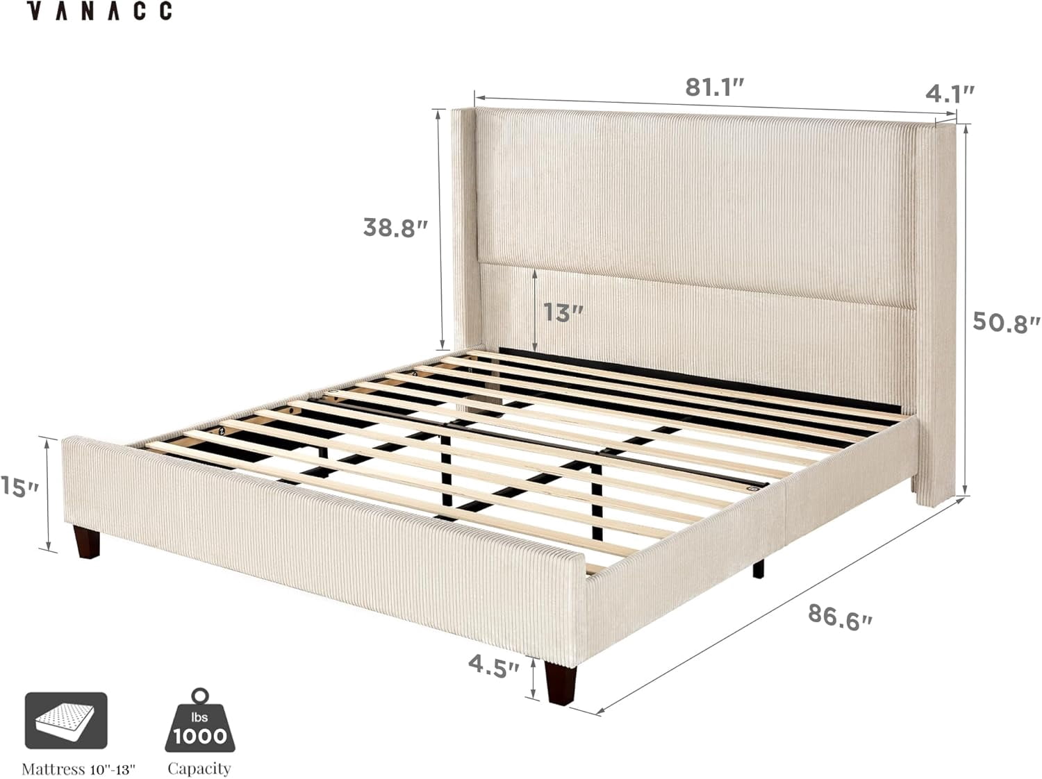 VanAcc King Size Platform Bed Frame, 50.8" Corduroy Upholstered Bed with Vertical Channel Tufted Headboard/Wooden Slats/Wingback, Beige
