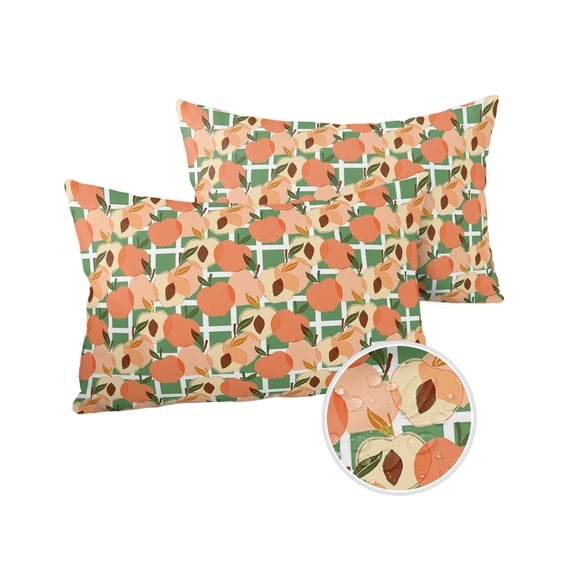 Pack of 2 Outdoor Pillow Covers, Spring Watercolor Pink Peach Simple Green Lattice Waterproof Square Throw Pillowcase Cushion Decorative Pillow Covers for Couch Patio Tent, 20x12 in