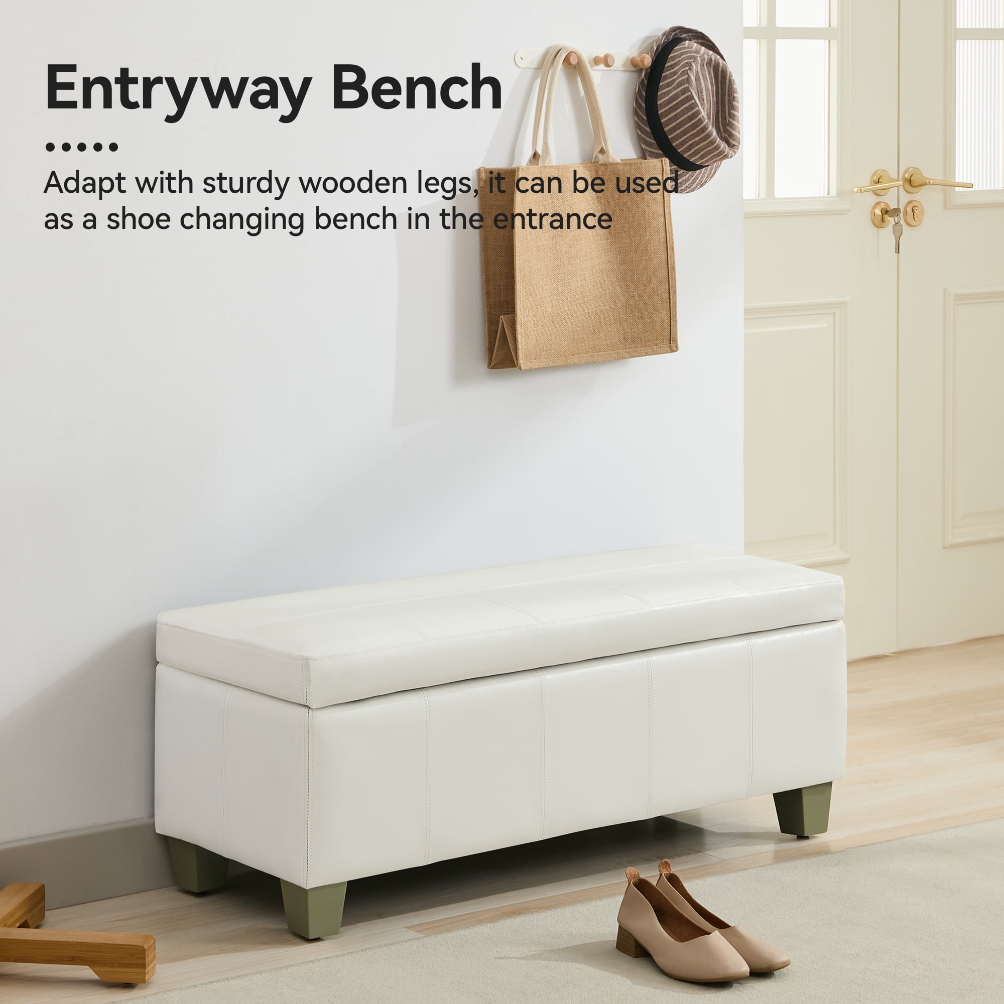 41'' Faux Leather Storage Ottoman Bench, Rectangle Upholstered End of Bed Storage Bench, Stitch Tufted Bedroom Bench with Storage, Entryway Large Storage Ottoman with Wooden Legs, White