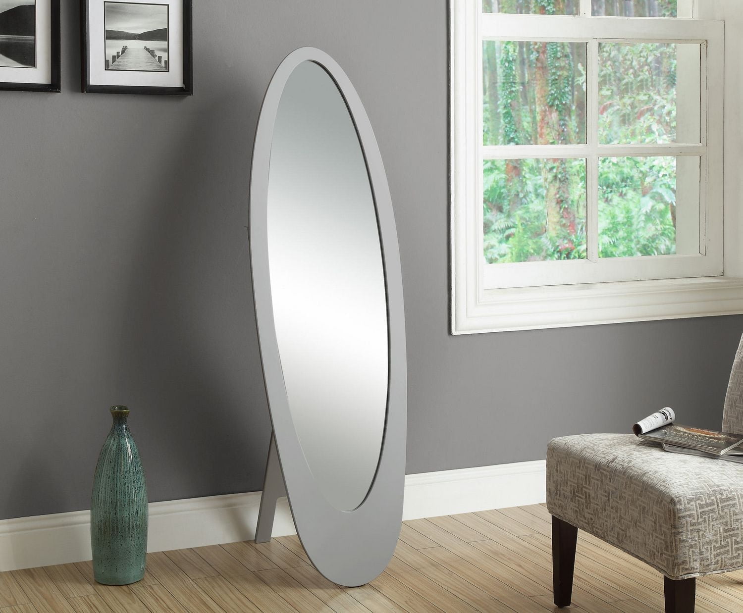 Monarch Specialties Mirror, Full Length, Standing, Floor, 60" Oval, Dressing, Bedroom, Wood, Grey, Contemporary, Modern