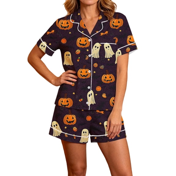 Cmfcve 2 Piece Halloween Pajama Set for Women Print Short Sleeve Sleepwear Button Down Lounge Shorts Sets