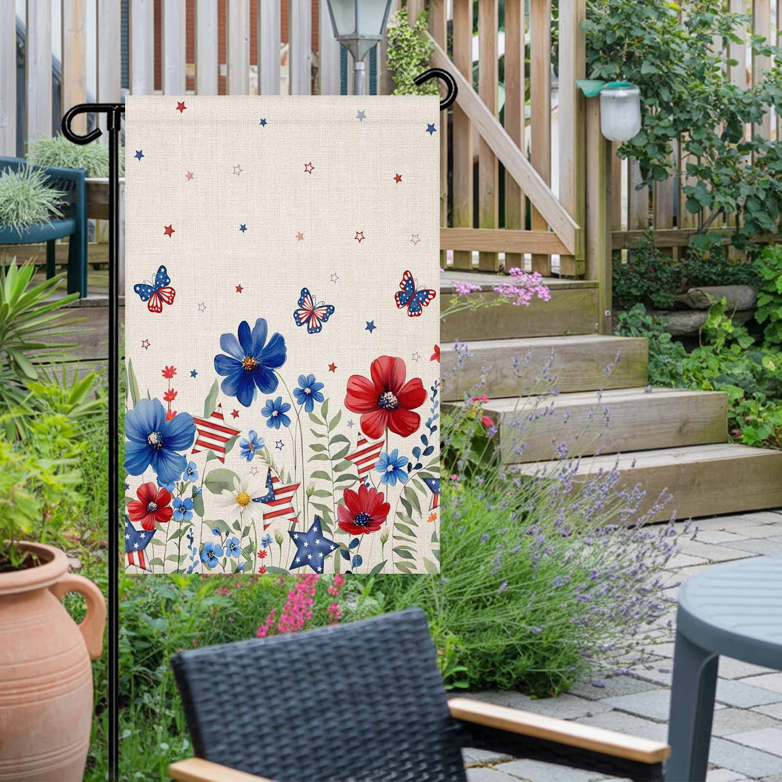 4th of July Garden Flags American Flag Butterfly Garden Flag Double Sided Welcome Flag Red Blue Flowers Linen Independence Day Yard Flags for Outdoor Lawn Porch Memorial Day Holiday Decor 28x40 Inch