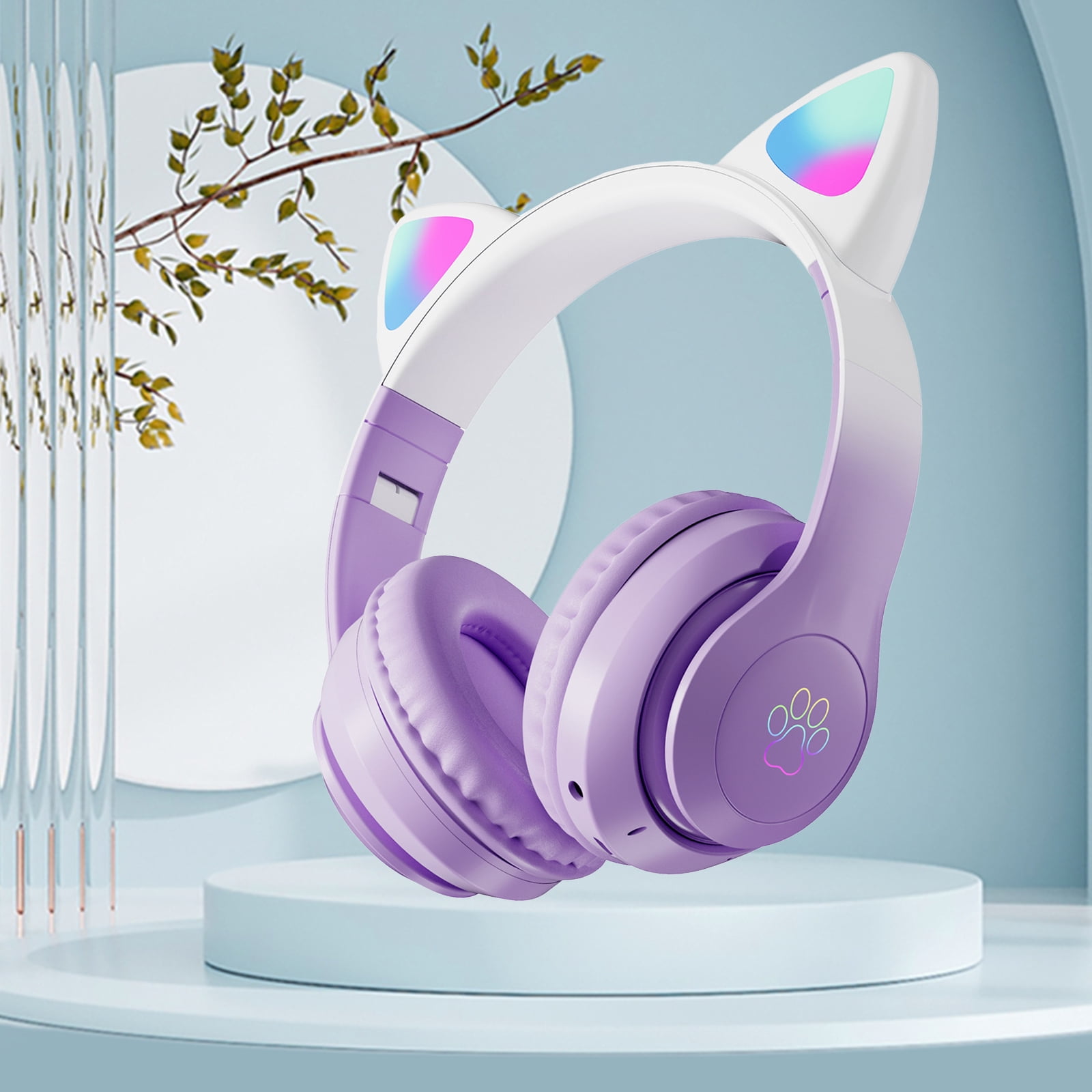 Soapow Kids Cat Ear Bluetooth Headphones, Foldable Kids Adults Girls over Ear Wireless Headphones with Mic & Led Light up, Cat Gaming Headset for Tablet/PS4/PS5/School Gift (Purple)
