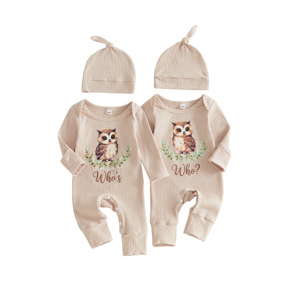 RUINIXCW Twins Baby Boys Jumpsuit Set Long Sleeve Crew Neck Letters Owl Print Romper with Hat Fall Clothes