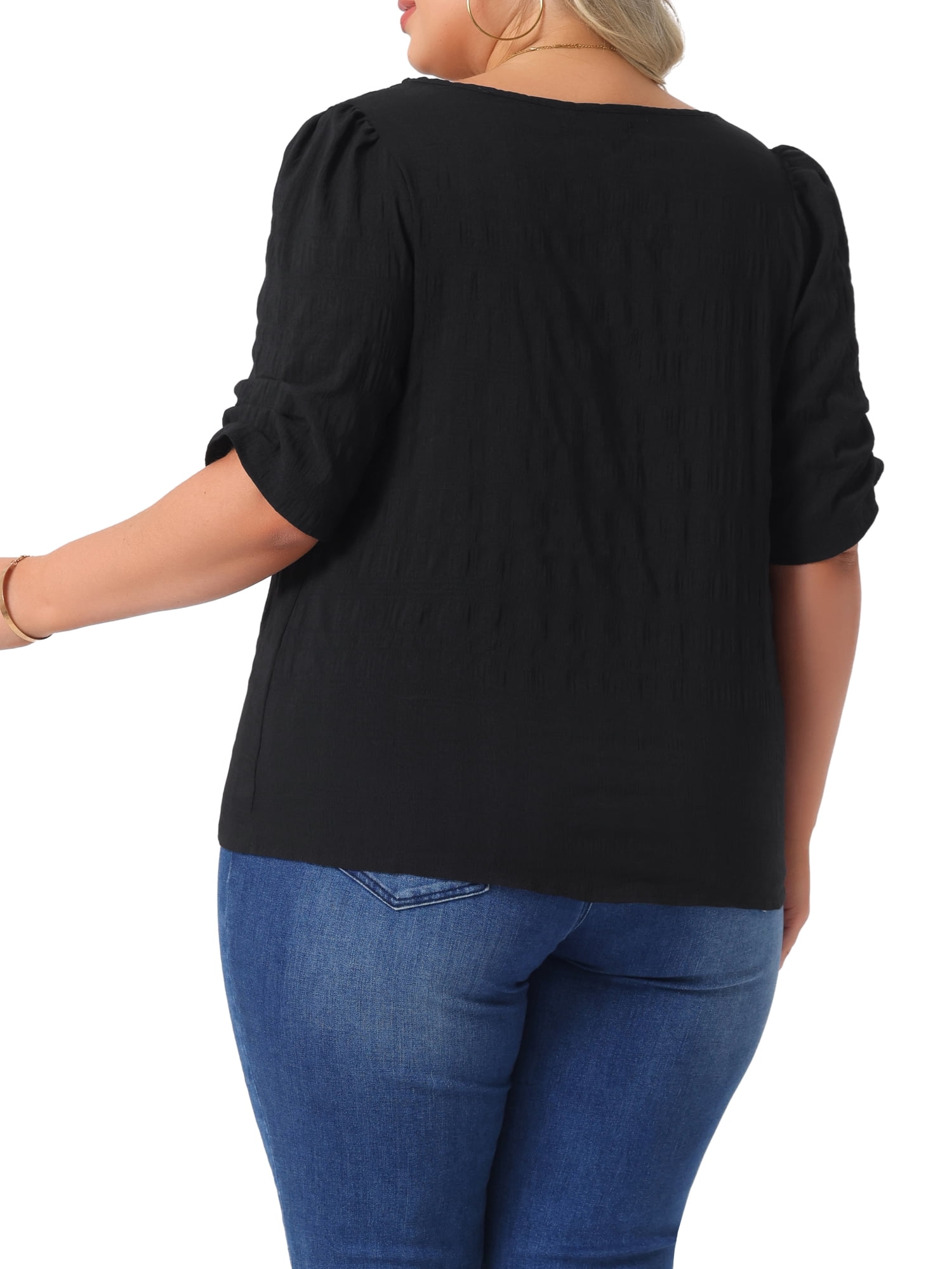 DARING DIVA Women's Plus Textured Notched V Neck Blouse 4X Black