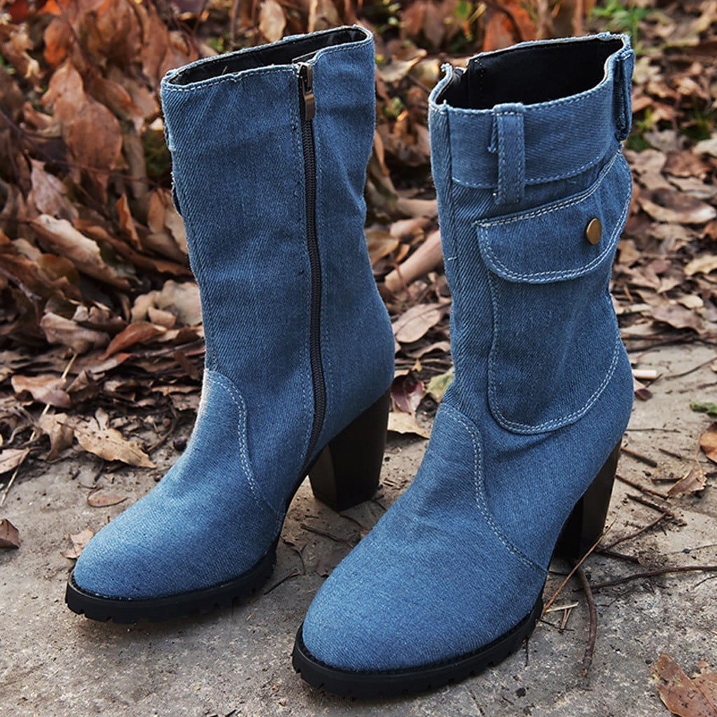 KELINFONG Trendy Denim Boots for Women Block Heel Mid Calf