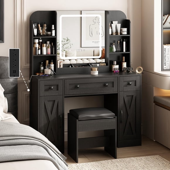 Vabches Large Vanity Set with Lighted Mirror & Stool, Makeup Vanity Desk with Large Storage Drawers and Shelves, Time and Temperature Display