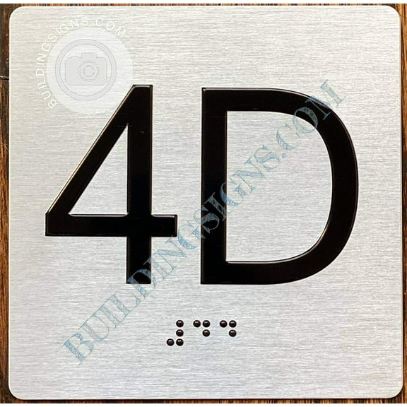 Apartment Number 4D Sign with Braille and Raised Number (Aluminum, 4x4, Double Sided Tape, Silver)-The Sensation line (ref-2201)