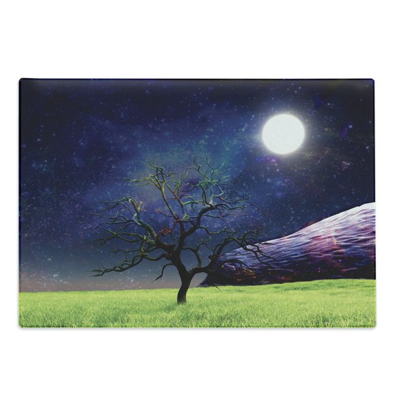 Tree Cutting Board, Moon with a Tree Full Moon Galaxy Grass Creative Fantasy Style Illustration Print, Decorative Tempered Glass Cutting and Serving Board, Large Size, Green and Navy, by Ambesonne
